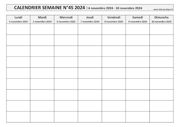 Calendrier pour la semaine  45 2024 à imprimer.