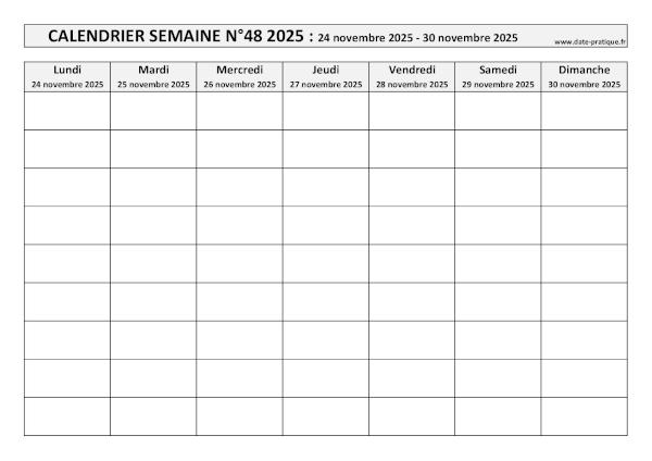 Calendrier pour la semaine 48 2025 à imprimer.
