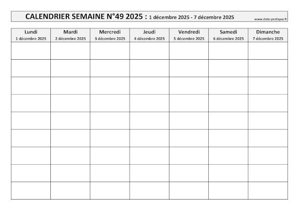 Calendrier pour la semaine 49 2025 à imprimer.