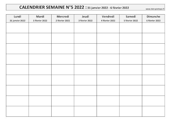 Calendrier pour la semaine 5 2022 à imprimer.