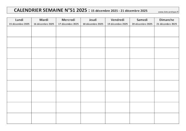 Calendrier pour la semaine 51 2025 à imprimer.