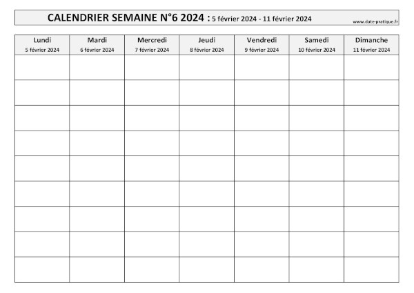Calendrier pour la semaine 6 2024 à imprimer.