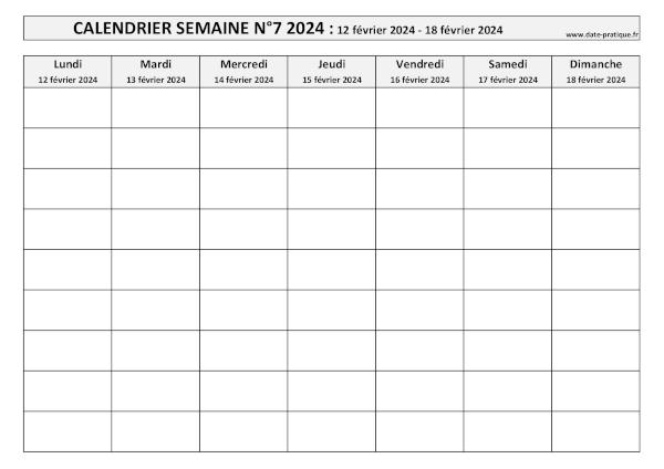 Calendrier pour la semaine 7 2024 à imprimer.