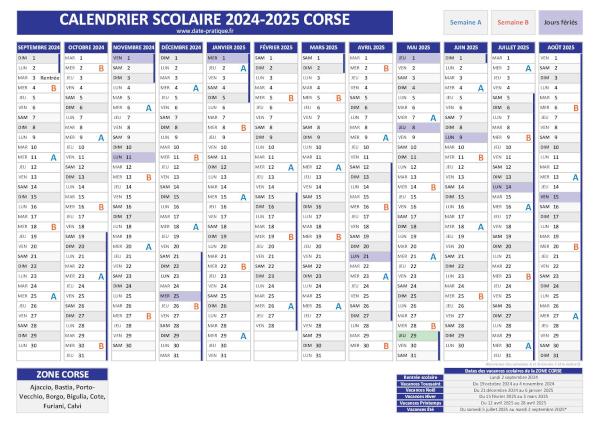Calendrier scolaire 2024-2025 avec les dates des vacances pour la Corse