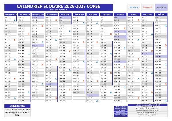 Calendrier scolaire 2026-2027 avec les dates des vacances pour la Corse