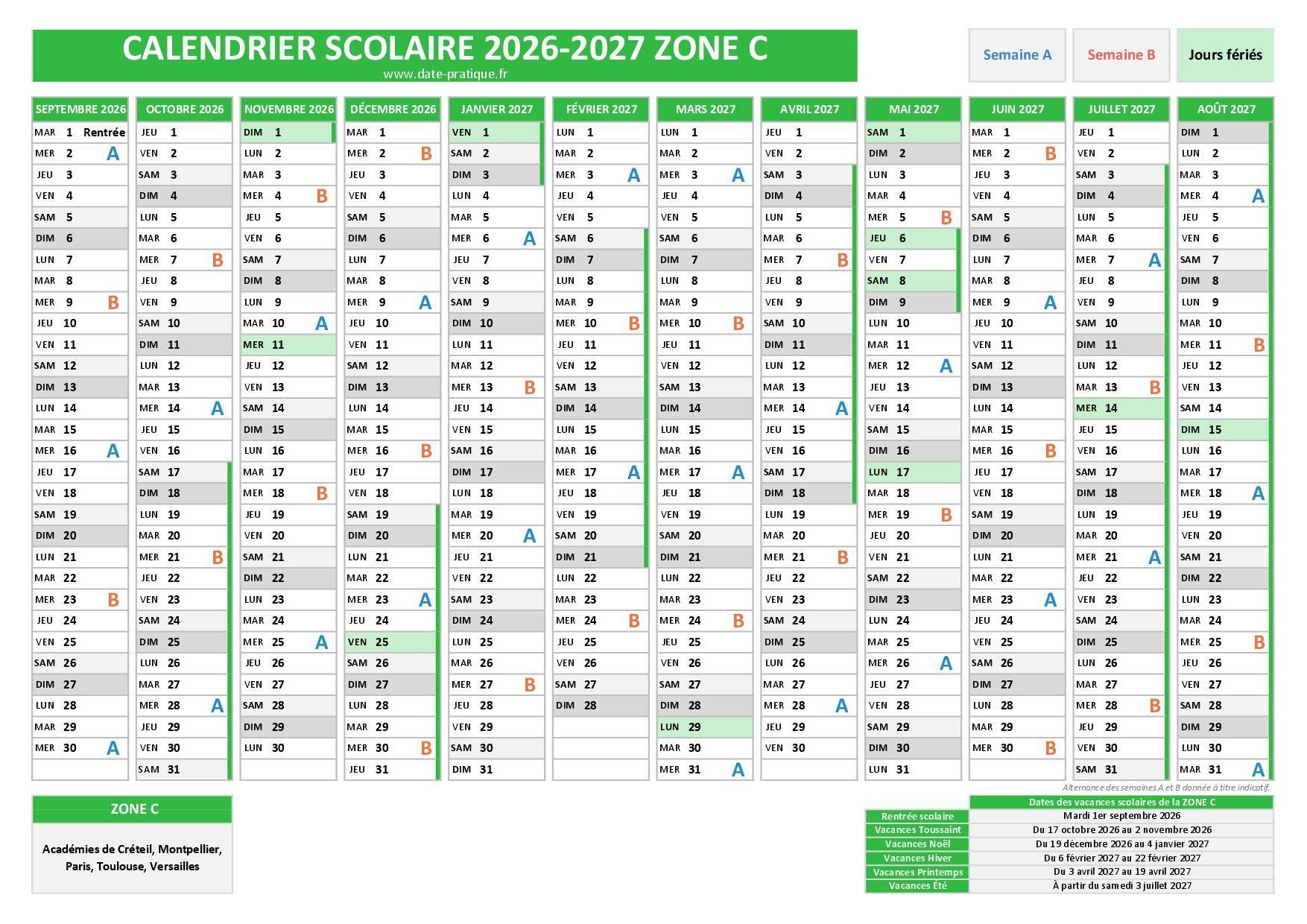Calendrier Scolaire 2026 2027 De La Zone C Dates Des Vacances 