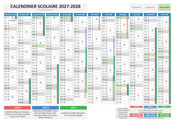 Calendrier scolaire 2027-2028 pour les zones A, B et C à télécharger
