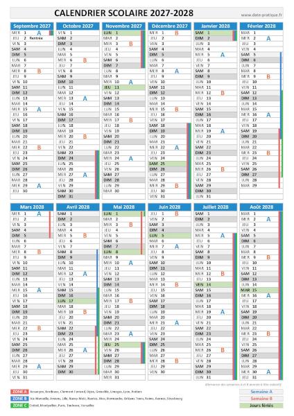 Calendrier scolaire 2027-2028 à imprimer - Format portrait