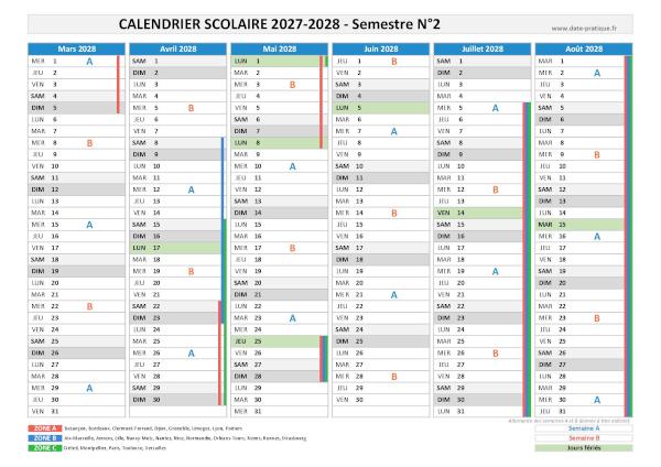 Calendrier scolaire 2027-2028 - Semestre N°2.