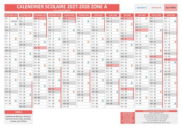 Calendrier scolaire 2027-2028 avec les dates des vacances pour la zone A