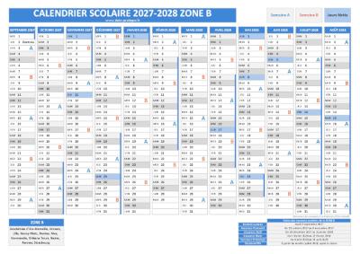 Calendrier scolaire 2027-2028 pour la zone B à télécharger