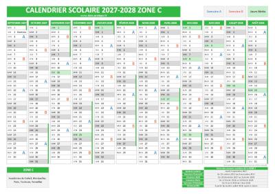 Calendrier scolaire 2027-2028 pour la zone C à télécharger